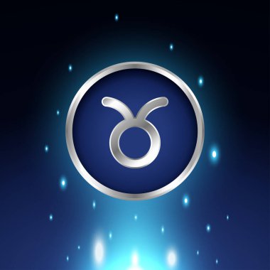 Astrolojik zodyak boğa sembolleri açık gümüş renginde. Parlak Astroloji Burç İşaretleri koleksiyonu. Parlak ışık yıldızları. Parlayan metalik burç işaretleri.