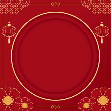 Çin yeni yılı 2022. Kırmızı podyum, yuvarlak sahne ve kağıt sanatları Çin yeni yılı, Çin Festivalleri, Sonbahar ortası Festivali, kırmızı kağıt kesiği, Lamba ve arka planda zanaat stili Asyalı unsurlar.