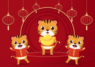 Mutlu Çin Yeni Yılı 2022 posteri. Yeni Çin tebrik kartı 2022 'de şirin bir kaplanla mutlu yıllar. Kaplan karakter tasarımı.