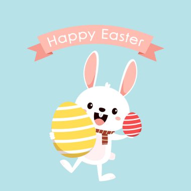Tavşan karakter tasarımı. Güzel beyaz tavşanlı ve yumurtalı mutlu Paskalya tebrik kartları. Tavşan karakteri. Hayvan Yaban Hayatı Tatili çizgi filmi.