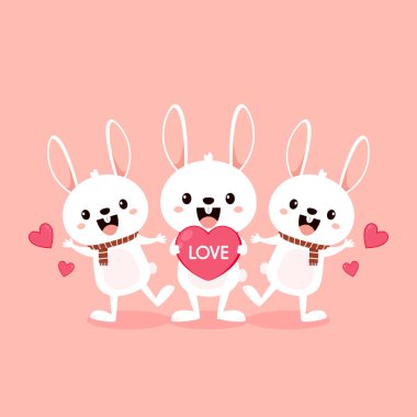 Kawaii tavşanla Sevgililer Günü kartı. Tavşan çizgi film vektör koleksiyonu. Hayvan yaban hayatı karakteri. Sevgi dolu küçük bir tavşan. Sevgililer Günü illüstrasyonu.