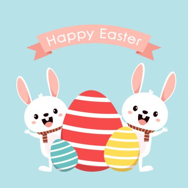 Tavşan karakter tasarımı. Güzel beyaz tavşanlı ve yumurtalı mutlu Paskalya tebrik kartları. Tavşan karakteri. Hayvan Yaban Hayatı Tatili çizgi filmi.