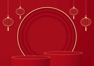 Çin Yeni Yılı ve Festivalleri için Çin usulü podyum sahnesi. Mutlu Çin yeni yılı 2022. Çin yeni yıl afişi, gösteri için daire şeklinde. Tebrik kartı. Kırmızı fenerli Çin çerçevesi.