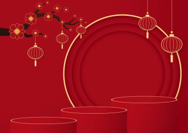 Çin Yeni Yılı ve Festivalleri için Çin usulü podyum sahnesi. Mutlu Çin yeni yılı 2022. Çin yeni yıl afişi, gösteri için daire şeklinde. Tebrik kartı. Kırmızı fenerli Çin çerçevesi.