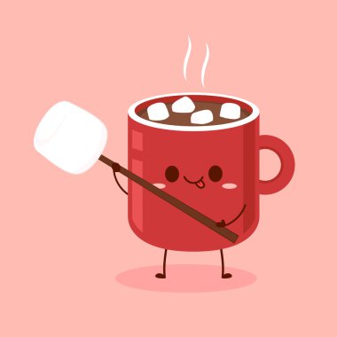 Kakao üzerine marşmelov yığını. Kırmızı bardakta marşmelovlu kakao. Bir fincan sıcak çikolata ya da içinde lokum olan kakao. Düz vektör çizimi. Tatlı karakter tasarımı.