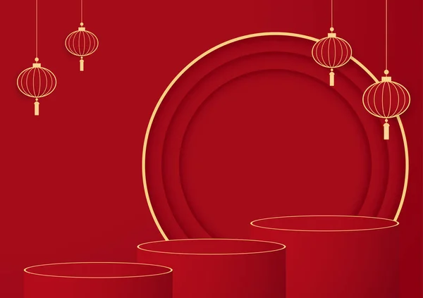 中国の旧正月や祭りのための表彰台ラウンド中国スタイル 中国の新年の幸せ2022 ショー製品のための円と中国の旧正月のバナー グリーティングカード 赤の提灯中国のフレーム — ストックベクタ