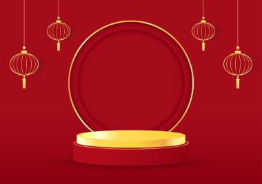 Çin Yeni Yılı ve Festivalleri için Çin usulü podyum sahnesi. Mutlu Çin yeni yılı 2022. Çin yeni yıl afişi, gösteri için daire şeklinde. Tebrik kartı. Kırmızı fenerli Çin çerçevesi.