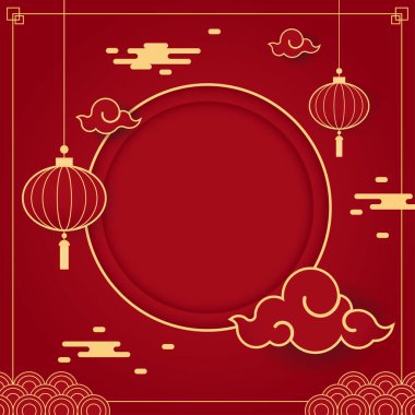 Çin Yeni Yılı ve Festivalleri için Çin usulü podyum sahnesi. Mutlu Çin yeni yılı 2022. Çin yeni yıl afişi, gösteri için daire şeklinde. Tebrik kartı. Kırmızı fenerli Çin çerçevesi.