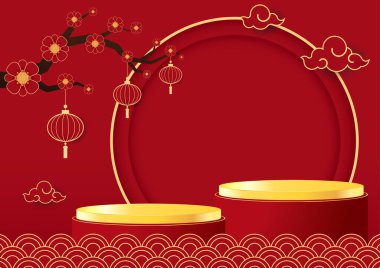 Çin Yeni Yılı ve Festivalleri için Çin usulü podyum sahnesi. Mutlu Çin yeni yılı 2022. Çin yeni yıl afişi, gösteri için daire şeklinde. Tebrik kartı. Kırmızı fenerli Çin çerçevesi.