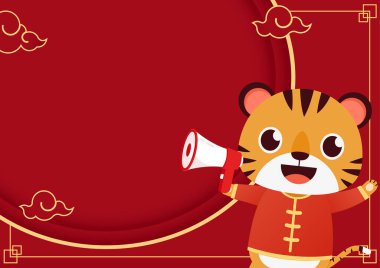 Yeni Çin etiketi. Yeni Çin tebrik kartı 2022 'de şirin bir kaplanla mutlu yıllar. Kaplan karakteri tasarımı. Boşluğu kopyala.