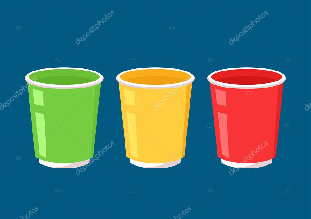Party cup isolated on red background, vector illustration. Red, green and yellow beer cup vector. Beer pong.