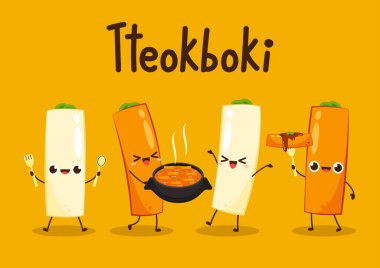 Tteokbokki noodle vektörü. Tteokbokki karakter tasarımı. Baharatlı pirinç keki. Tteokbokki, Kore yiyeceğidir. Kore yemek posteri.