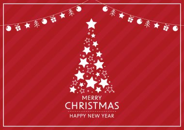 Merry Christmas and Happy new year poster. New Year greeting card design with stylized Christmas tree. Vector illustration. Christmas tree logo.