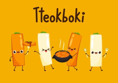Tteokbokki noodle vektörü. Tteokbokki karakter tasarımı. Baharatlı pirinç keki..