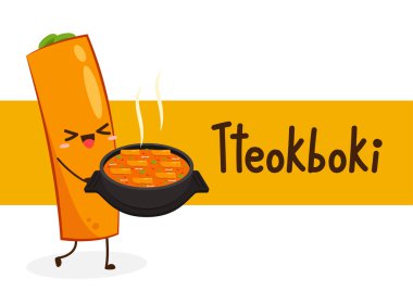 Tteokbokki noodle vektörü. Tteokbokki karakter tasarımı. Baharatlı pirinç keki..