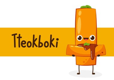 Tteokbokki noodle vektörü. Tteokbokki karakter tasarımı. Baharatlı pirinç keki..