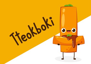 Tteokbokki noodle vektörü. Tteokbokki karakter tasarımı. Baharatlı pirinç keki..