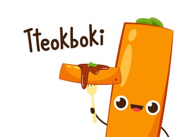 Tteokbokki noodle vektörü. Tteokbokki karakter tasarımı. Baharatlı pirinç keki..