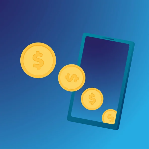 Mobiltelefon Mit Goldmünzhaufen Auf Blauem Hintergrund Isoliert Geldberge Fallende Goldmünzen — Stockvektor
