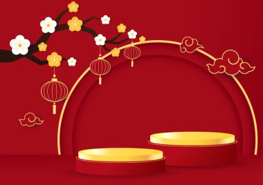 Çin Yeni Yılı ve Festivalleri için Çin usulü podyum sahnesi. Mutlu Çin yeni yılı 2022. Çin yeni yıl afişi, gösteri için daire şeklinde. Tebrik kartı. Kırmızı fenerli Çin çerçevesi.