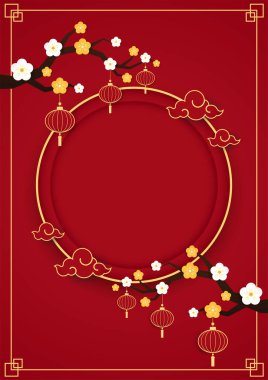 Mutlu Çin yeni yılı 2022. Çin yeni yıl afişi, gösteri için daire şeklinde. Tebrik kartı. Kırmızı zemin üzerinde fener bulunan Çin çerçevesi.