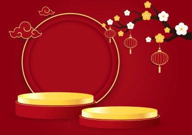 Çin Yeni Yılı ve Festivalleri için Çin usulü podyum sahnesi. Mutlu Çin yeni yılı 2022. Çin yeni yıl afişi, gösteri için daire şeklinde. Tebrik kartı. Kırmızı fenerli Çin çerçevesi.