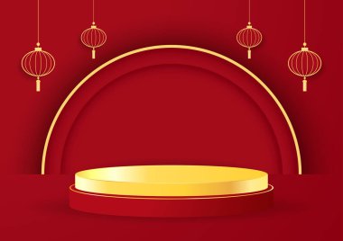 Çin Yeni Yılı ve Festivalleri için Çin usulü podyum sahnesi. Mutlu Çin yeni yılı 2022. Çin yeni yıl afişi, gösteri için daire şeklinde. Tebrik kartı. Kırmızı fenerli Çin çerçevesi.