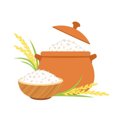 Toprak tencerede pilav pişirmek. Dünya esrar vektörü. Sıcak pirinç kasede..