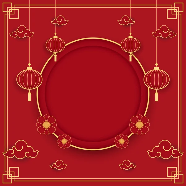 Mutlu Çin yeni yılı 2022. Çin yeni yıl afişi, gösteri için daire şeklinde. Tebrik kartı. Kırmızı zemin üzerinde fener bulunan Çin çerçevesi.