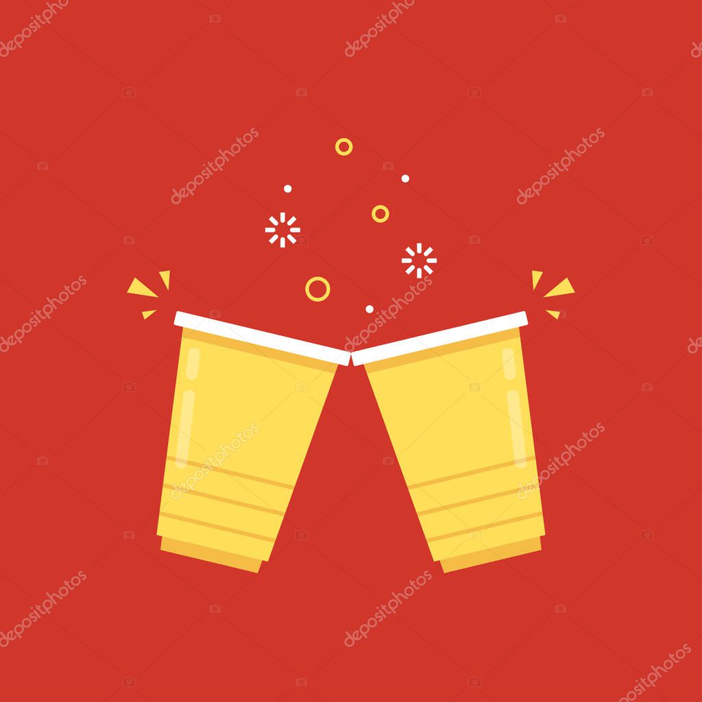 Yellow party cup isolated on red background, vector illustration. Yellow beer cup vector. Beer pong.