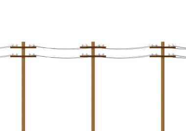 Elektrik direği beyaz arkaplanda izole edilmiş. Tahta elektrik hatları, elektrik iletimi. Yüksek voltaj kabloları. Metin için boş alan. Boşluğu kopyala.