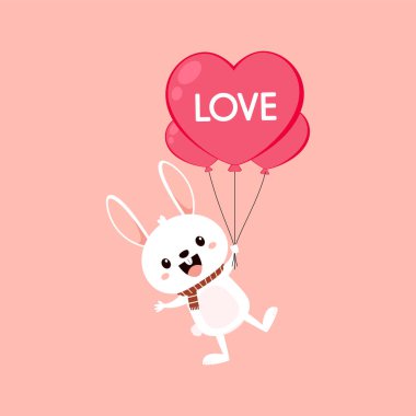 Kawaii tavşanla Sevgililer Günü kartı. Tavşan çizgi film vektör koleksiyonu. Hayvan yaban hayatı karakteri. Sevgi dolu küçük bir tavşan. Sevgililer Günü illüstrasyonu.