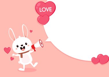 Valentine's day card with Kawaii bunny. Rabbit cartoon vector collection. Small lovely rabbit holds love heart. Valentine's day illustration. Valentine's label. free space for text.