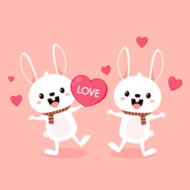 Valentine's day card with Kawaii bunny. Rabbit cartoon vector collection. Small lovely rabbit holds love heart. Valentine's day illustration. Valentine's label. free space for text.