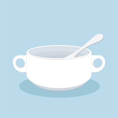 Spoon in white cup. Soup cup vector on blue background. White Soup cup.