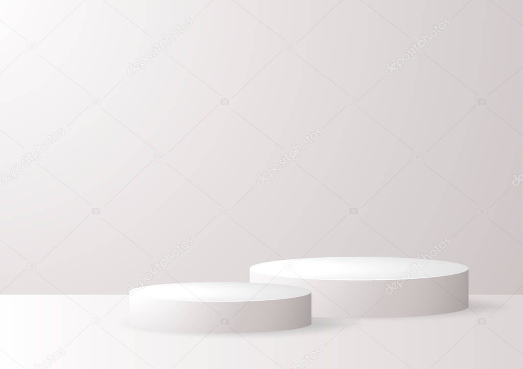 White podium. White circular awarded winner podium for outstanding luxury product. Blank round pedestal.