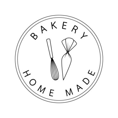 Pastane logosu tasarımı. Fırın işareti vektörü. Çırpma ve Silikon Borulu Kremalı Kek karalama sembolü.