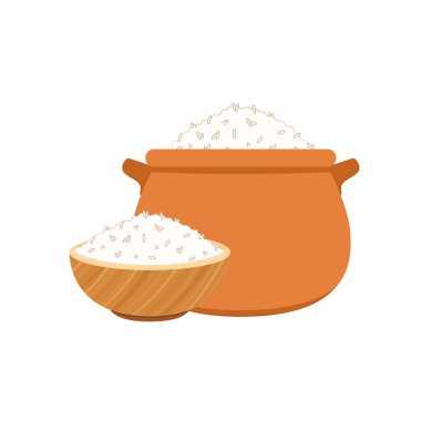 Toprak tencerede pilav pişirmek. Dünya esrar vektörü. Sıcak pirinç kasede..