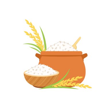 Toprak tencerede pilav pişirmek. Dünya esrar vektörü. Sıcak pirinç kasede..