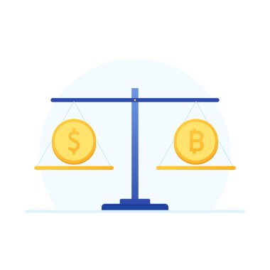 Altın sikke ve Bitcoin logo tasarımı. Mavi arkaplanda madeni para çizgi film vektörü. Altın sikke ve Bitcoin pulları.