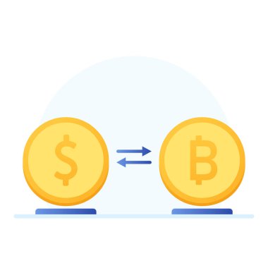 Altın sikke ve Bitcoin logo tasarımı. Mavi arkaplanda bozuk para çizgi film vektörü.