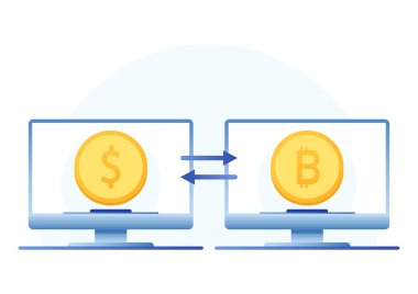 Altın sikke ve Bitcoin logo tasarımı. Mavi arkaplanda madeni para çizgi film vektörü. Bitcoin ticareti. Kripto döviz çizelgesi.