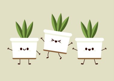 Saksı vektöründeki bitkiler. Yeşil arka planda çömlek simgesi vektöründeki bitkiler. Karakter tasarımı yerleştirir.