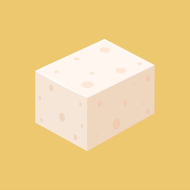 Beyaz soya peyniri. Tofu çizgi film tarzı sarı arka planda izole edilmiş. Vejetaryen beslenme, sağlıklı yiyecekler..
