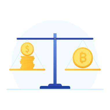 Altın sikke ve Bitcoin logo tasarımı. Mavi arkaplanda madeni para çizgi film vektörü. Altın sikke ve Bitcoin pulları.