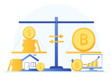 Altın sikke ve Bitcoin logo tasarımı. Mavi arkaplanda madeni para çizgi film vektörü. Altın sikke ve Bitcoin pulları.