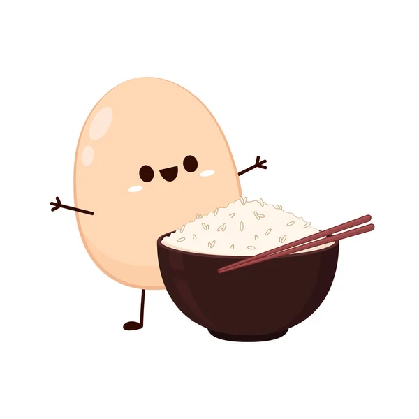 カップの中の米 セラミックボウルに炊いた米のベクトルストック 日本の米と卵のベクトル 卵のキャラクター — ストックベクタ
