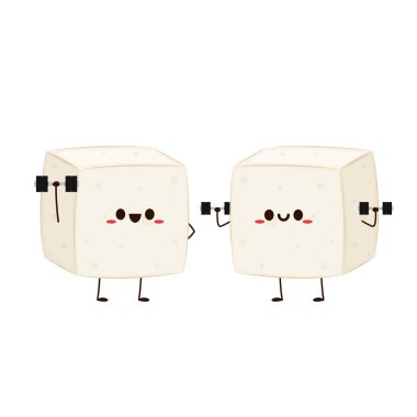 Tatlı tofu çizgi filmi. Mutlu şirin gülümsemeli komik tofu. karakter tasarımı. Egzersiz..