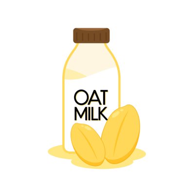 Pirinç sütlü vektör. Şişe yulaf sütü. Beyaz arka planda yulaf sütü çizgi filmi. Pirinç çekirdeği vektörü.