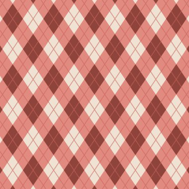 Argyle desenli beyaz, kırmızı pembe, kapalı beyaz. Geleneksel Argyll vektör arkaplanı hediye paketi, çorap, kazak, diğer modern sonbahar kış kış klasik tekstil baskısı.